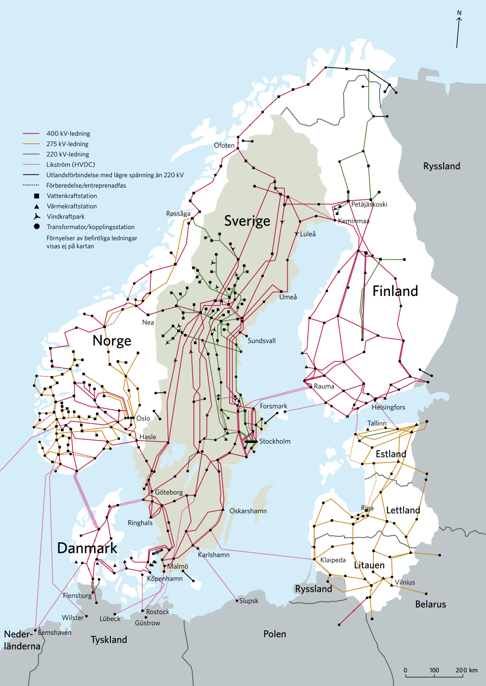 Map over the transmission network in the Nordics. Photo: Svenska Kraftnät